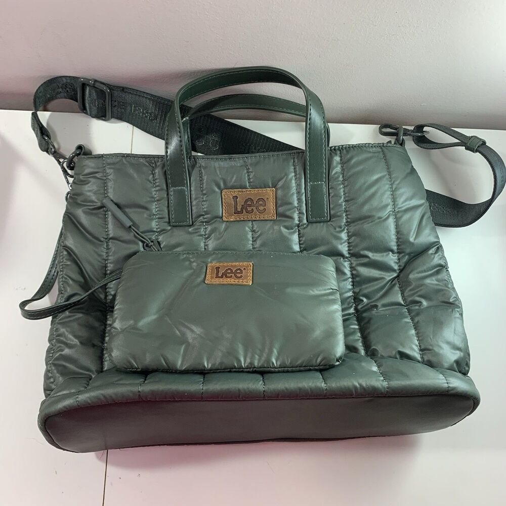 Lee Quilted Puffer Tote Crossbody Bag Green Soft Bonus Pouch Detachable Strap